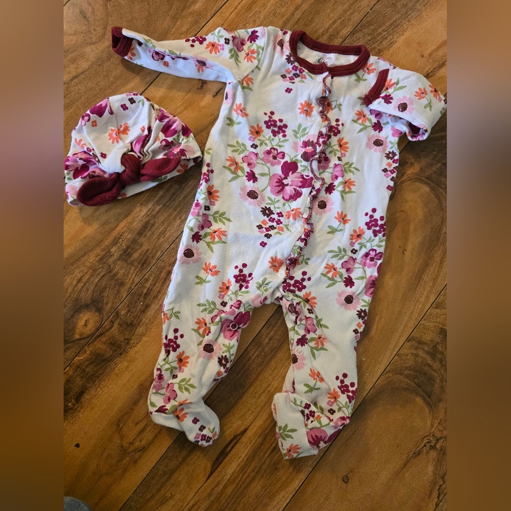 Floral Kids Footed One-piece with Knotted Hat